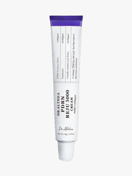 Dr. Althea PDRN Reju 5000 Cream white tube with purple stripe on light gray background